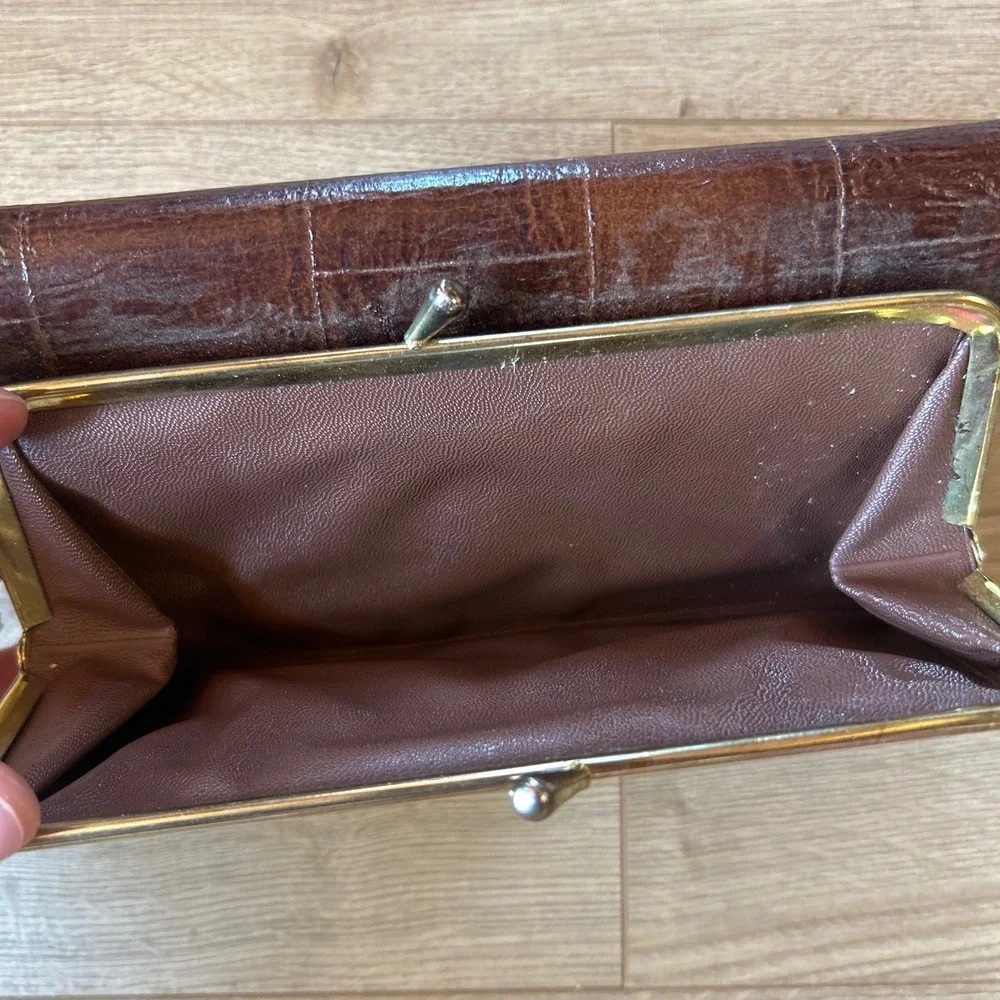 Vintage Brown Eel Skin Leather Tri-Fold Wallet Kiss Lock Coin Pouch Mahogany